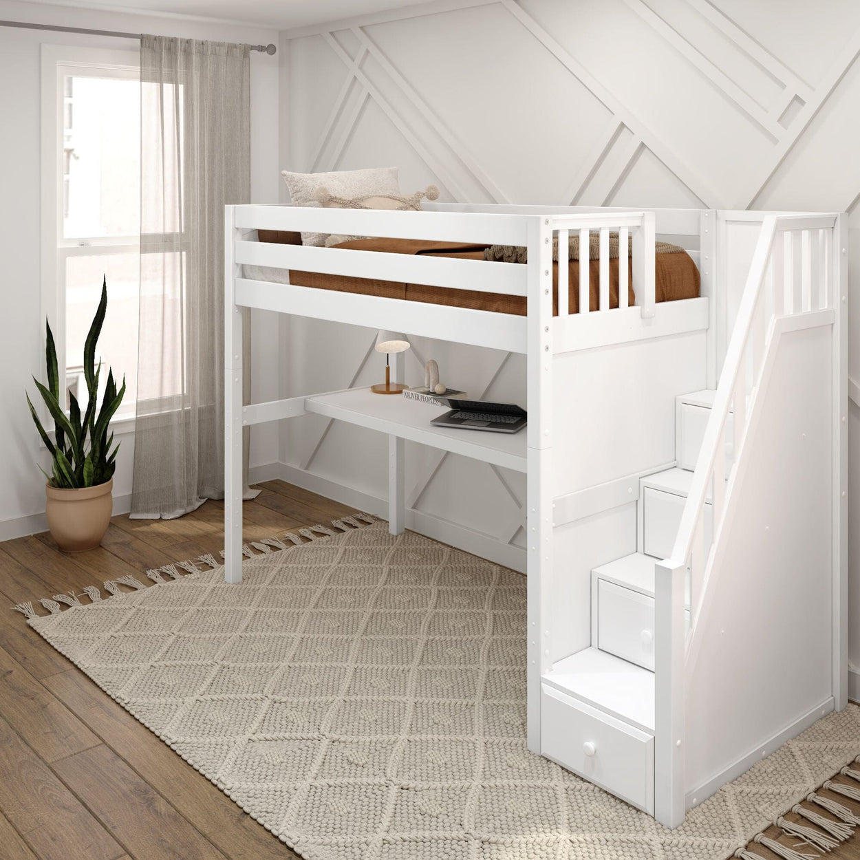 White wooden loft bed with desk and stairs in modern bedroom interior.