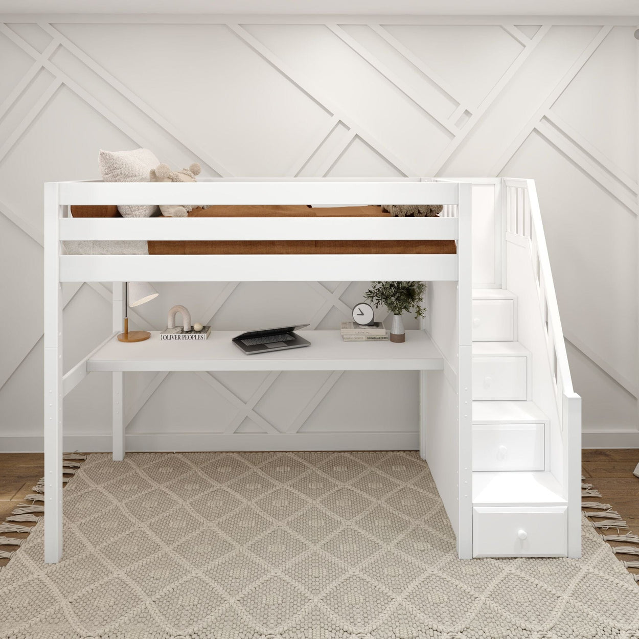 Stylish white loft bed with built-in stairs, desk, and cozy decor in a modern bedroom.