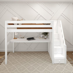 Stylish white loft bed with built-in stairs, desk, and cozy decor in a modern bedroom.
