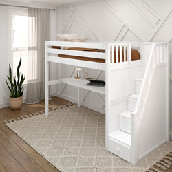 White loft bed with stairs and built-in desk in modern bedroom.
