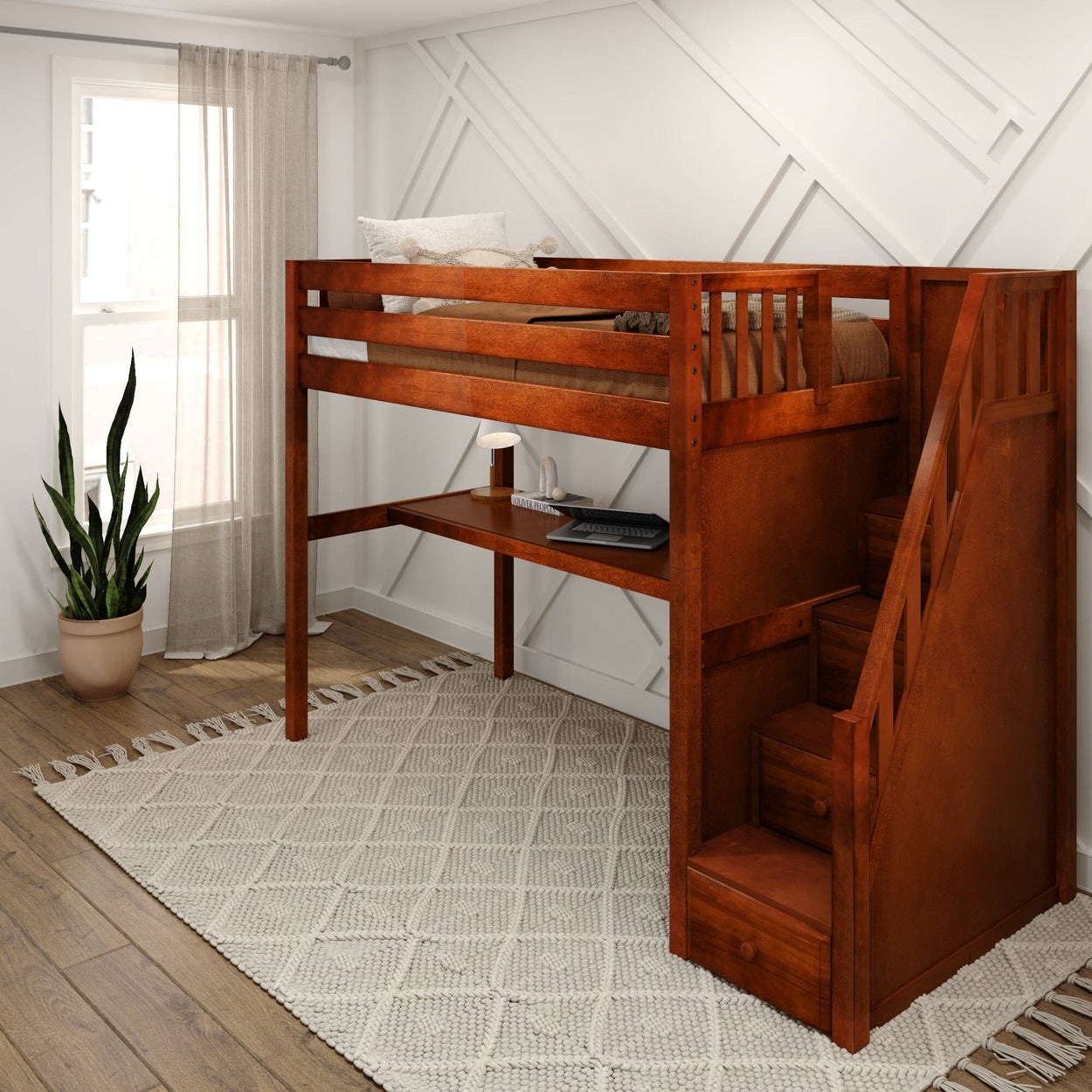 Oak wood loft bed with built-in desk and storage steps in modern bedroom setting.
