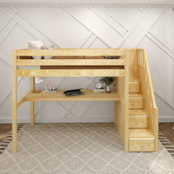 Elevated wooden loft bed with built-in steps and workspace underneath, featuring modern design in a stylish bedroom.