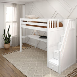 White loft bed with integrated desk and stairs in a modern, minimalist bedroom.