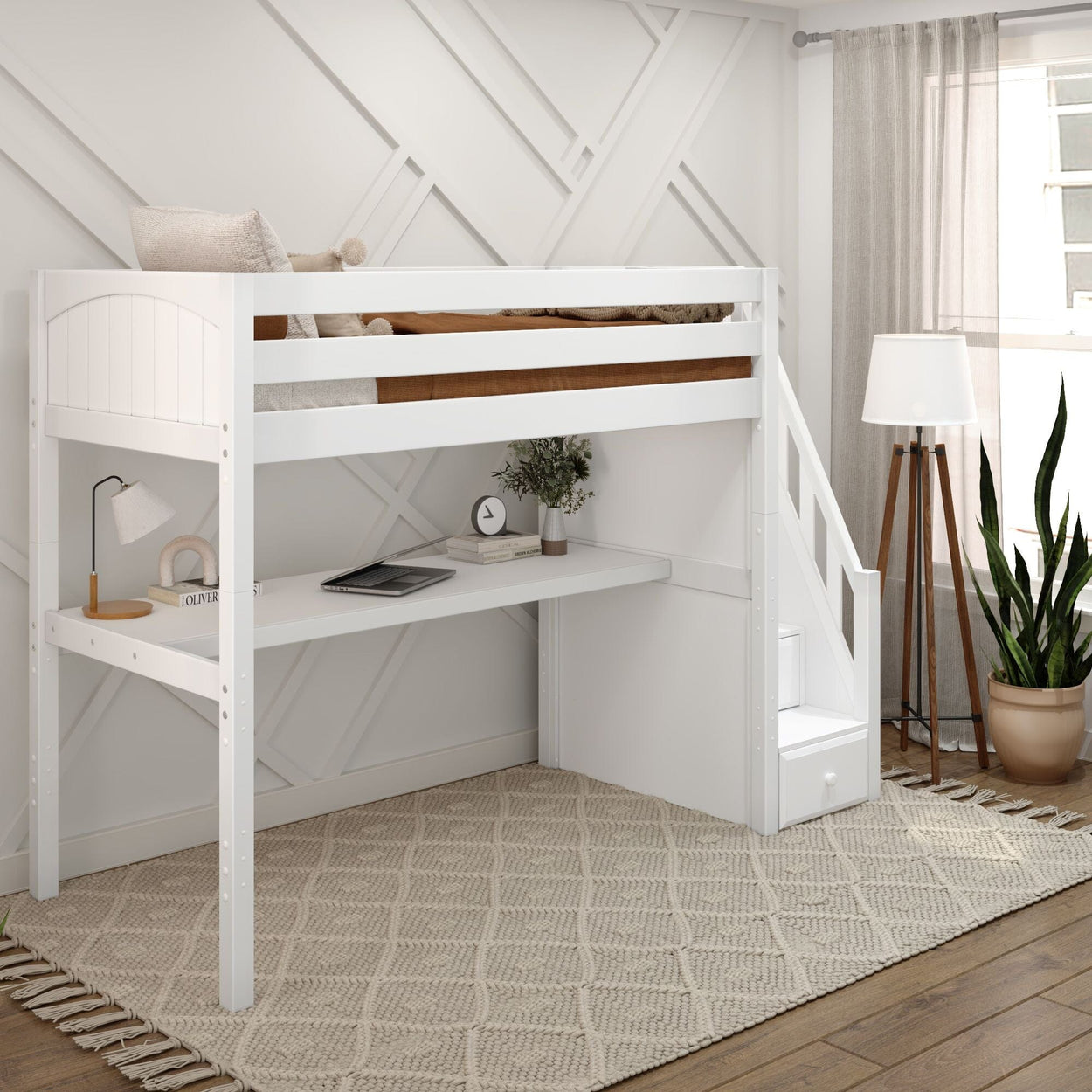 White loft bed with built-in desk and stairs in a modern, bright bedroom.