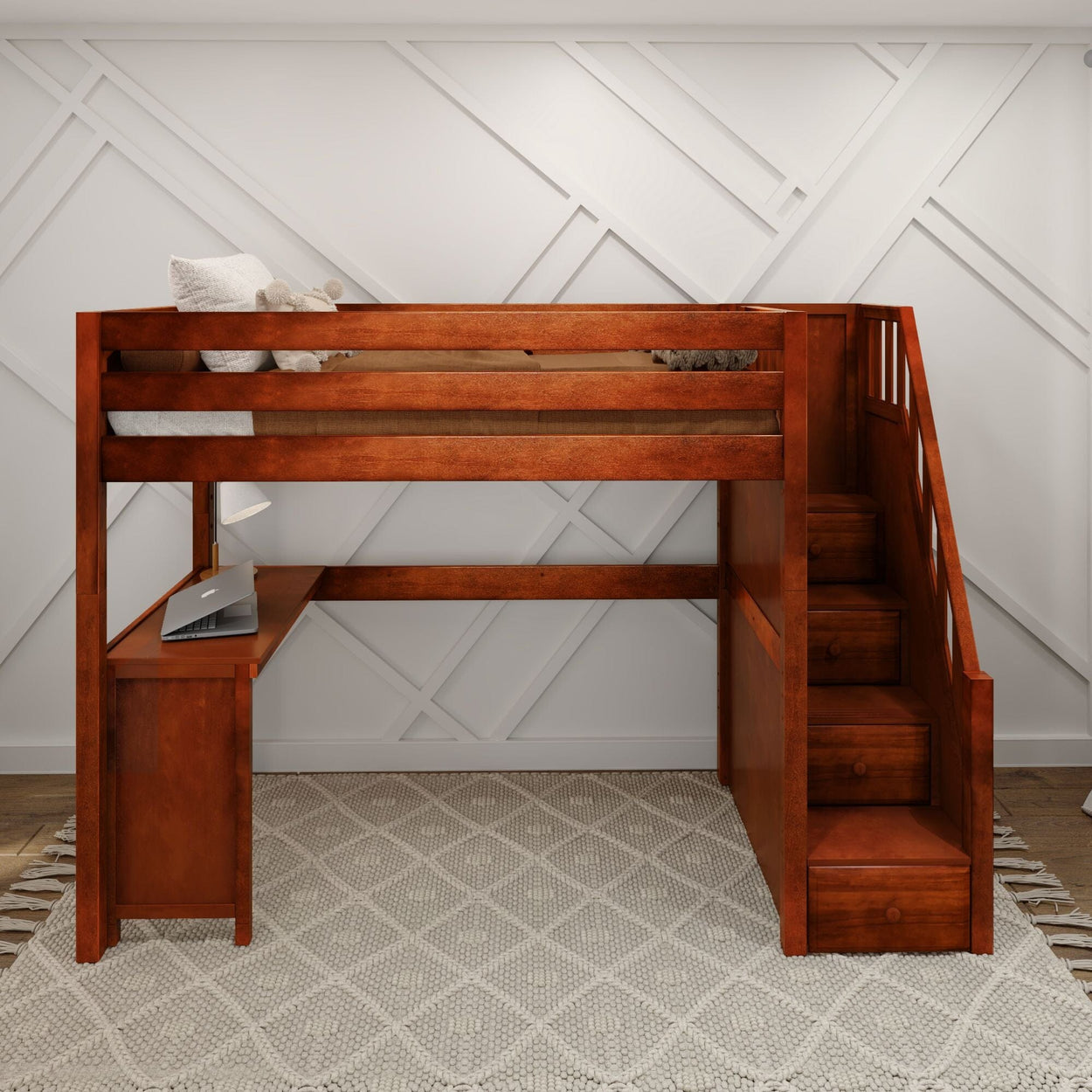 Wooden loft bed with desk and stairs, ideal for maximizing space in small bedrooms.