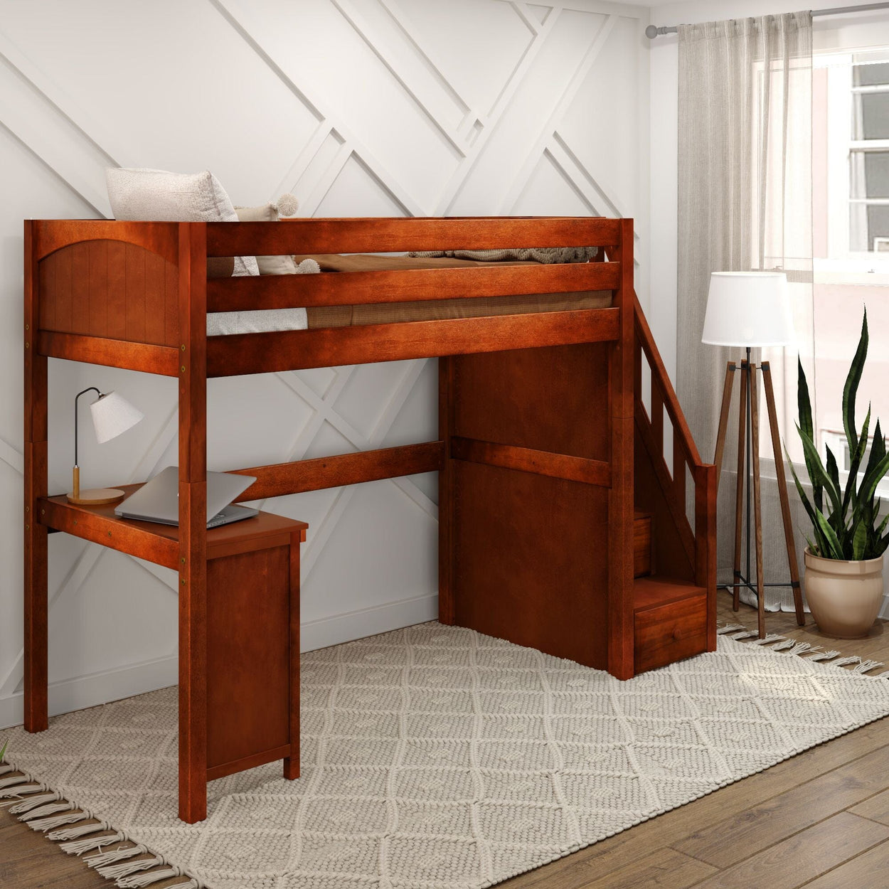 Wooden loft bed with built-in desk and staircase in modern bedroom setting.