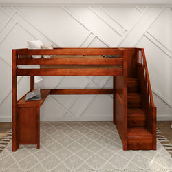 Wooden loft bed with integrated desk and stairs in modern bedroom interior.