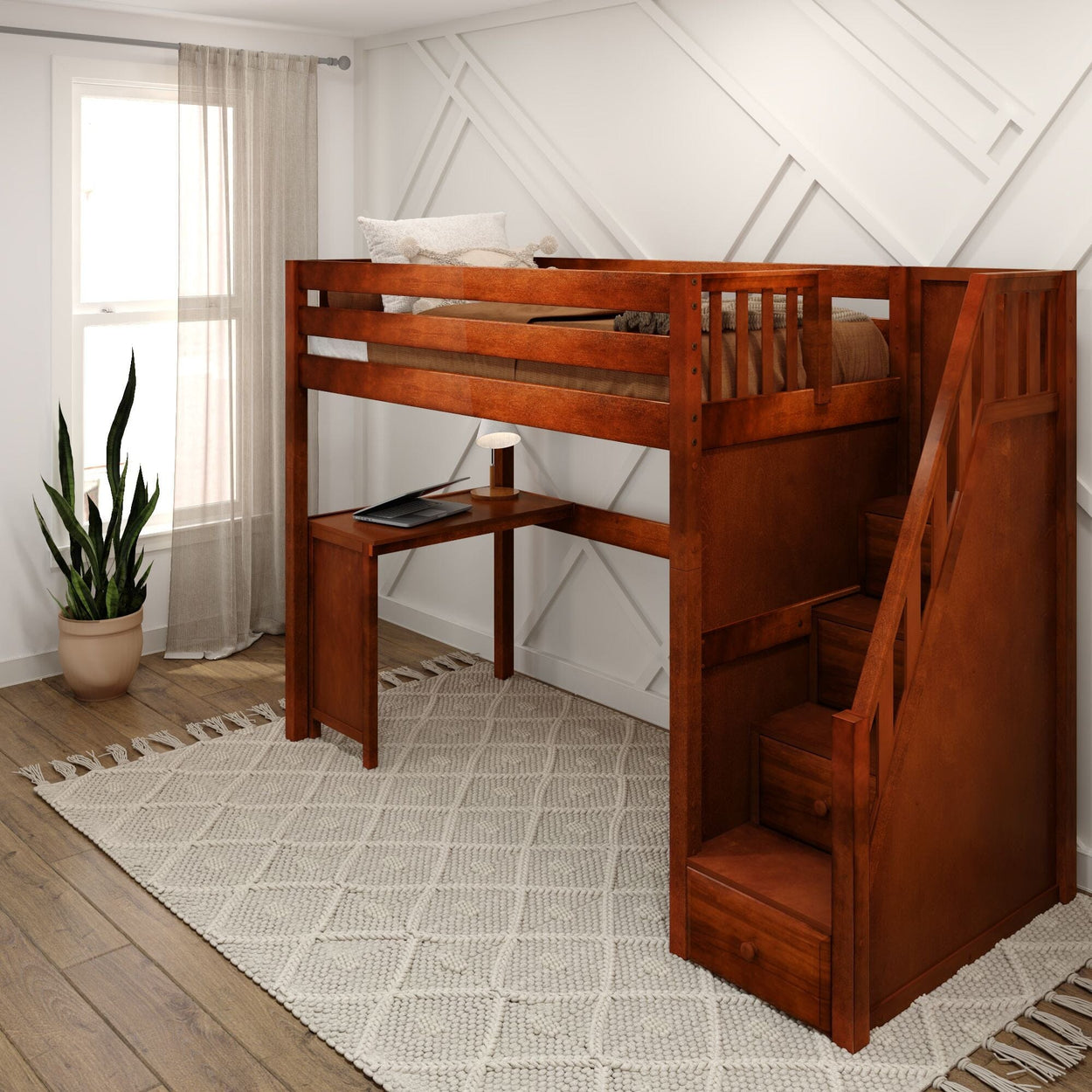 Wooden loft bed with integrated desk and stairs, ideal for maximizing space in small bedrooms or apartments with modern decor.