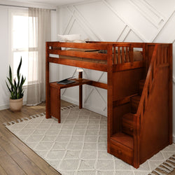 Wooden loft bed with integrated desk and stairs, ideal for maximizing space in small bedrooms or apartments with modern decor.
