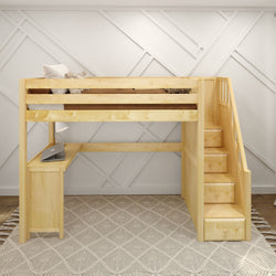 Wooden loft bed with built-in stairs and desk in a modern bedroom setup.