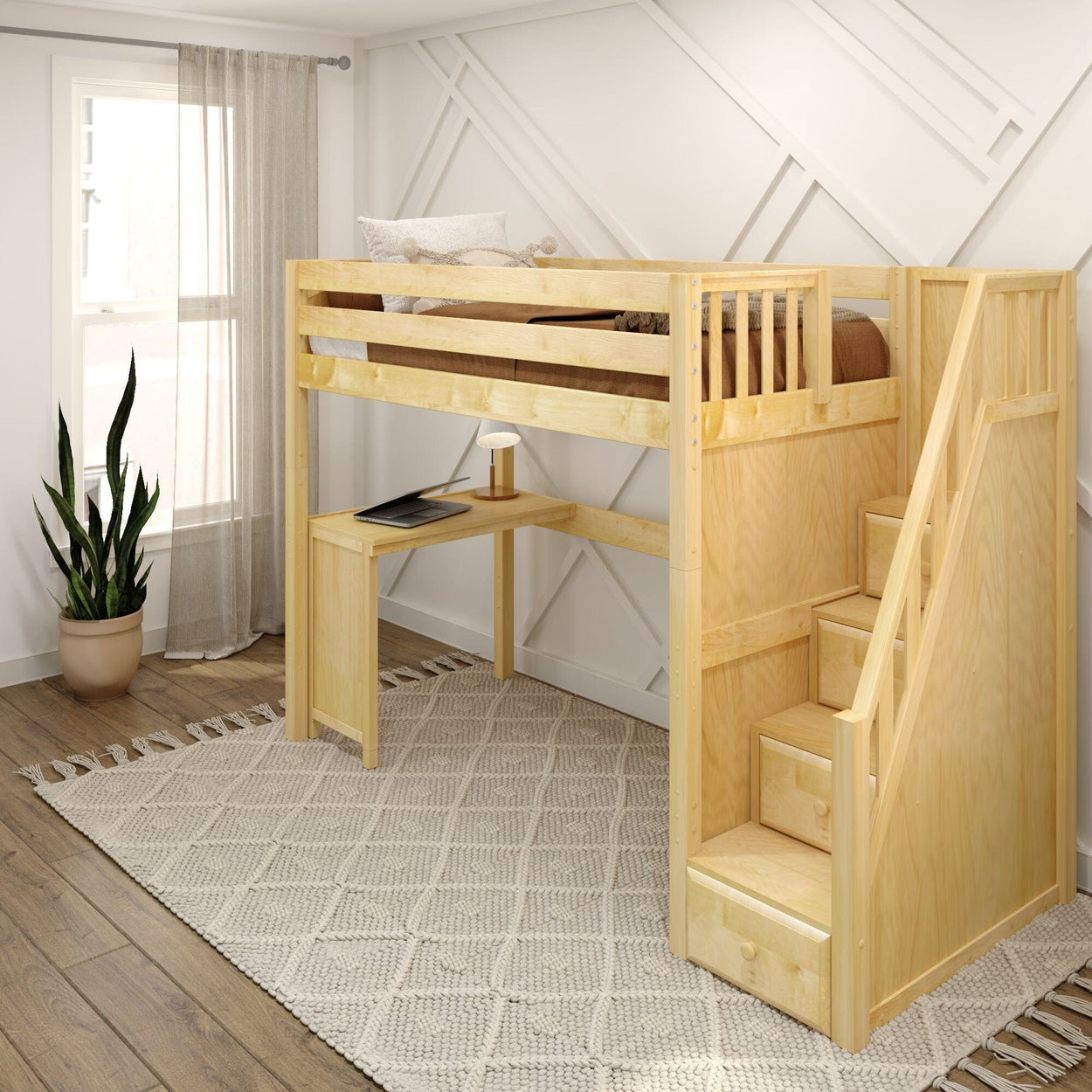Loft bed with integrated desk and storage stairs in modern room setting.