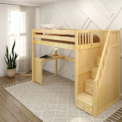 Loft bed with integrated desk and storage stairs in modern room setting.