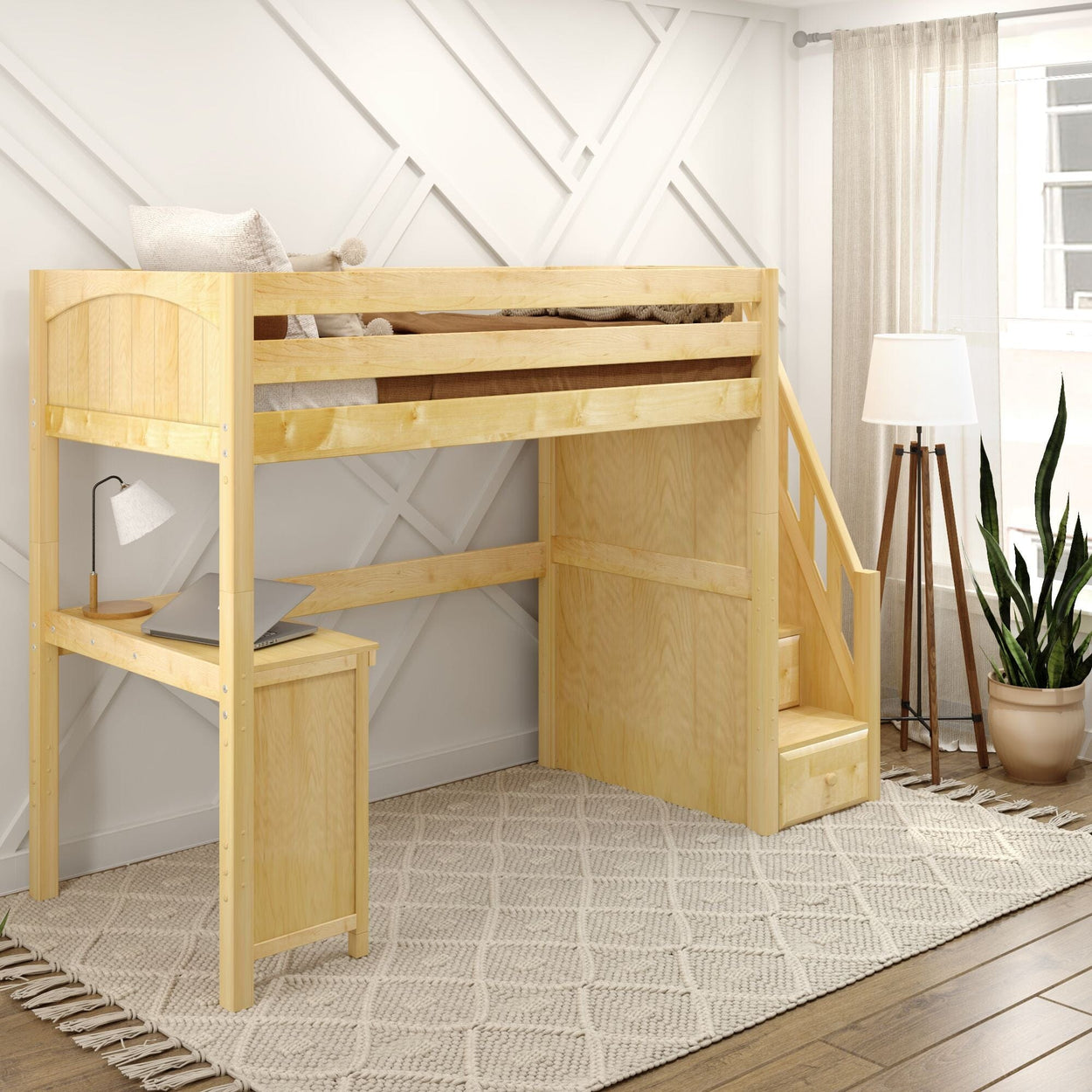 Wooden loft bed with stairs and desk underneath in a modern bedroom setting.