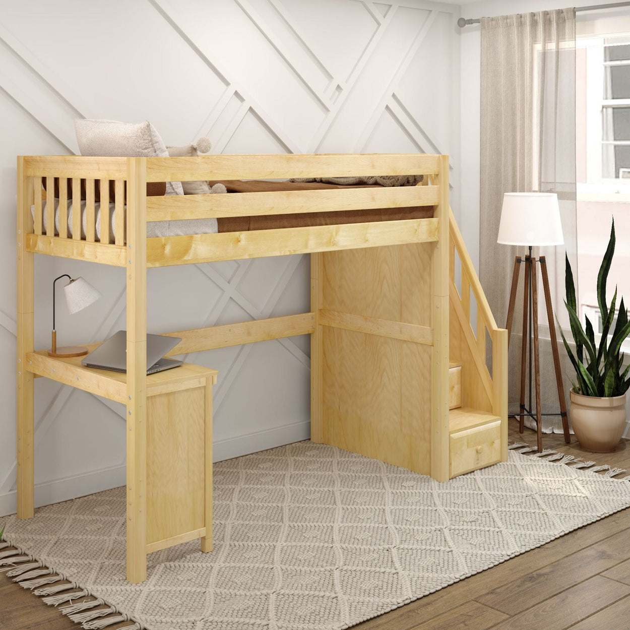 Wooden loft bed with built-in desk and stairs, ideal for maximizing small bedroom space.