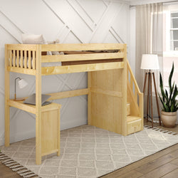 Wooden loft bed with built-in desk and stairs, ideal for maximizing small bedroom space.
