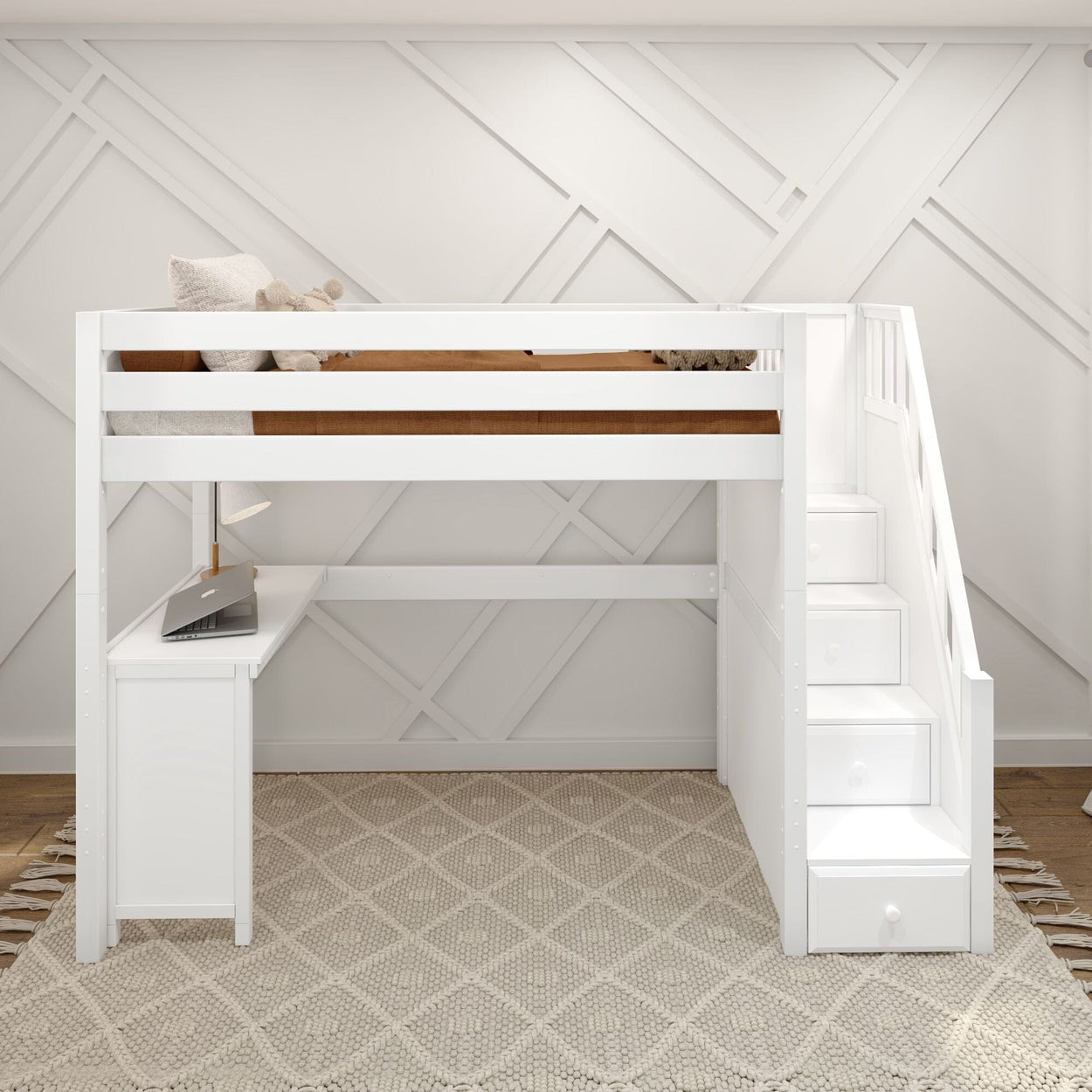 White loft bed with staircase, desk, and cozy decor in a modern bedroom interior.