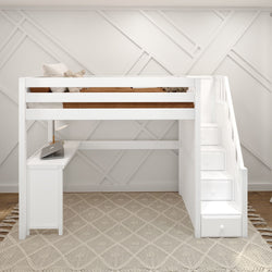 White loft bed with staircase, desk, and cozy decor in a modern bedroom interior.