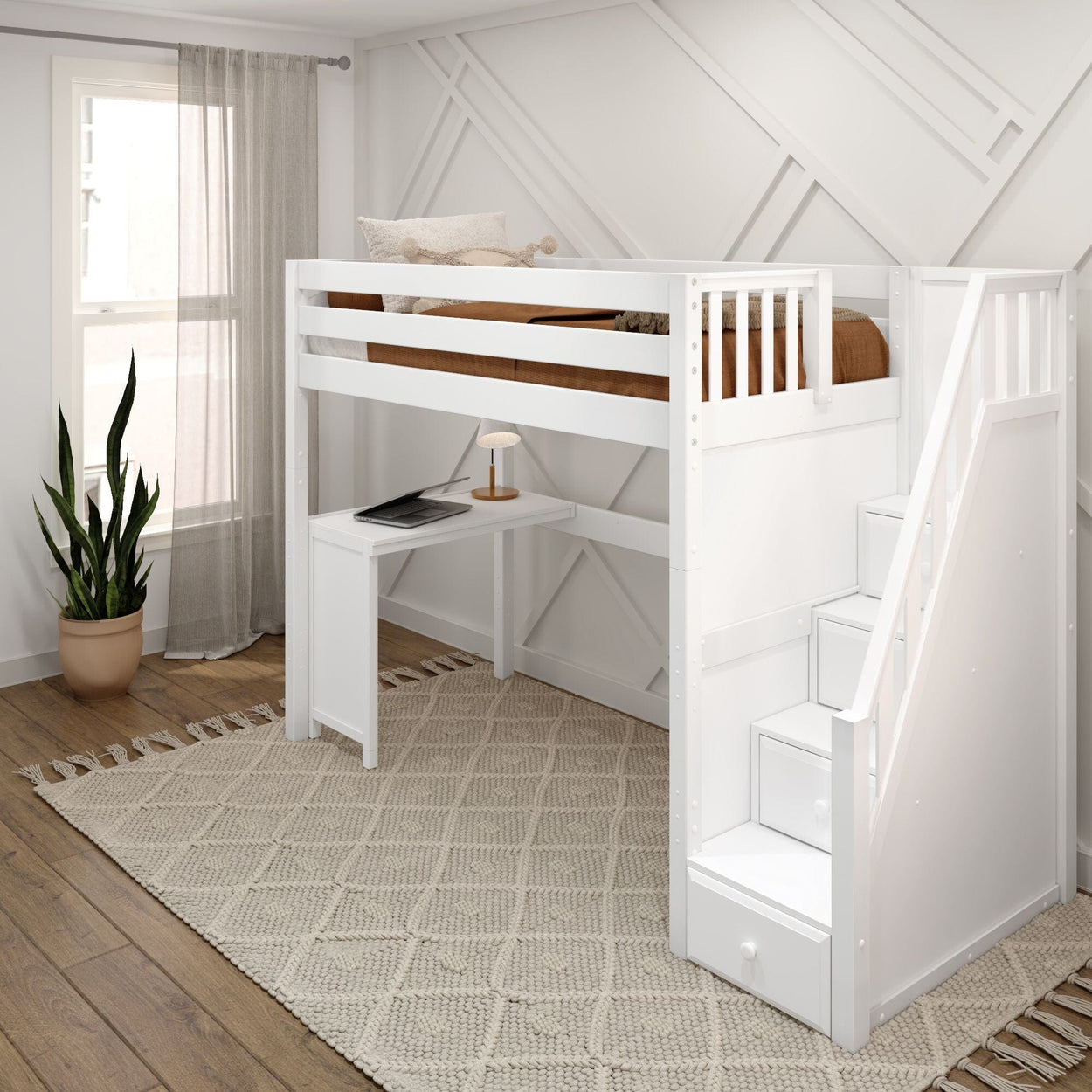 Stylish white loft bed with built-in desk and storage stairs in modern bedroom setting.