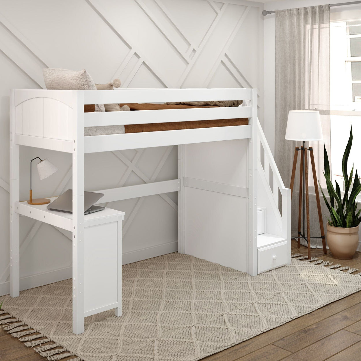 Loft bed with integrated desk and stairs in modern bedroom, featuring a white design and cozy decor.