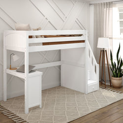 Loft bed with integrated desk and stairs in modern bedroom, featuring a white design and cozy decor.