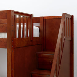 Wooden bunk bed with integrated storage stairs, perfect for optimizing bedroom space.
