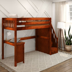 Wooden loft bed with desk and stairs in modern bedroom setting.