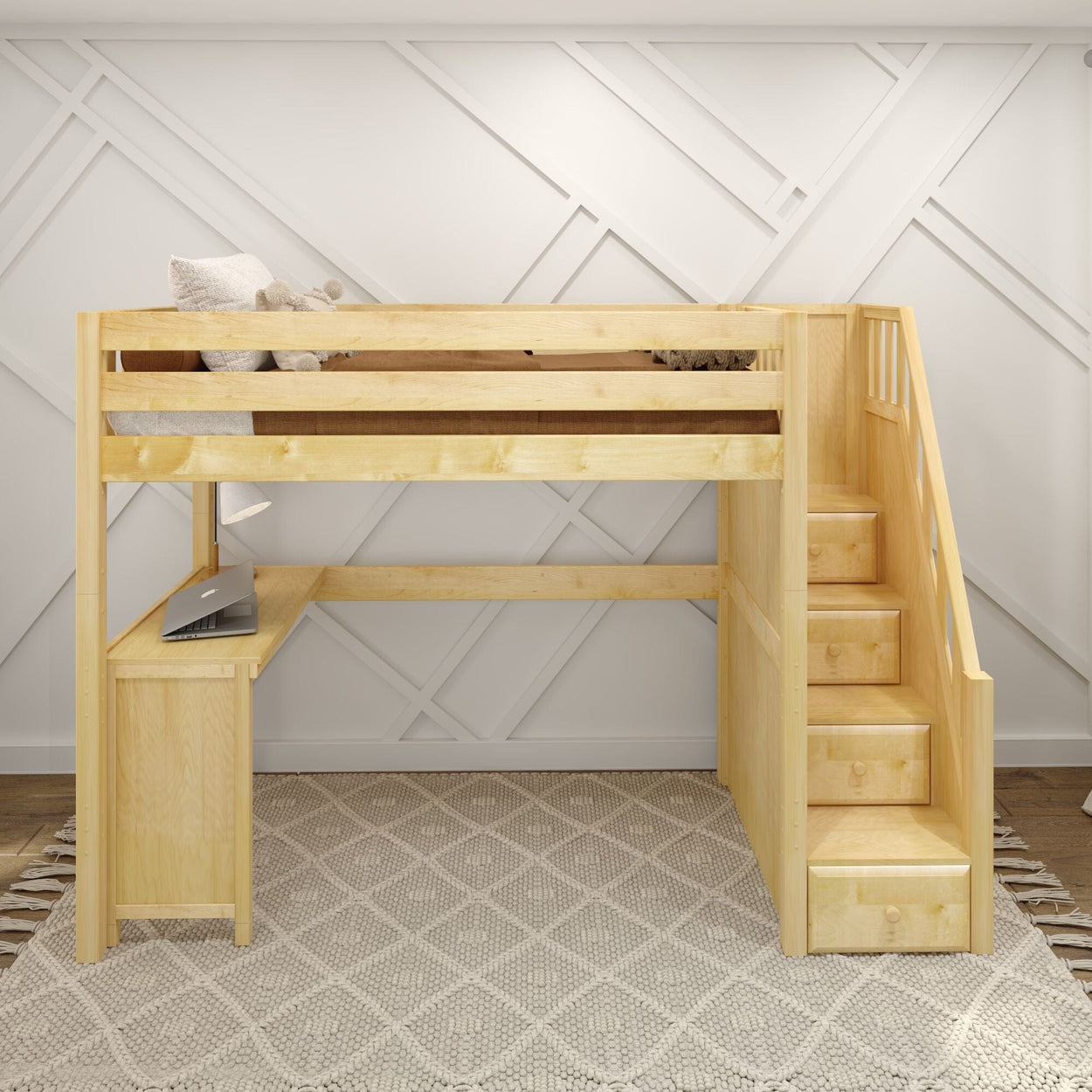 Wooden loft bed with built-in desk and storage stairs in a modern bedroom setting.