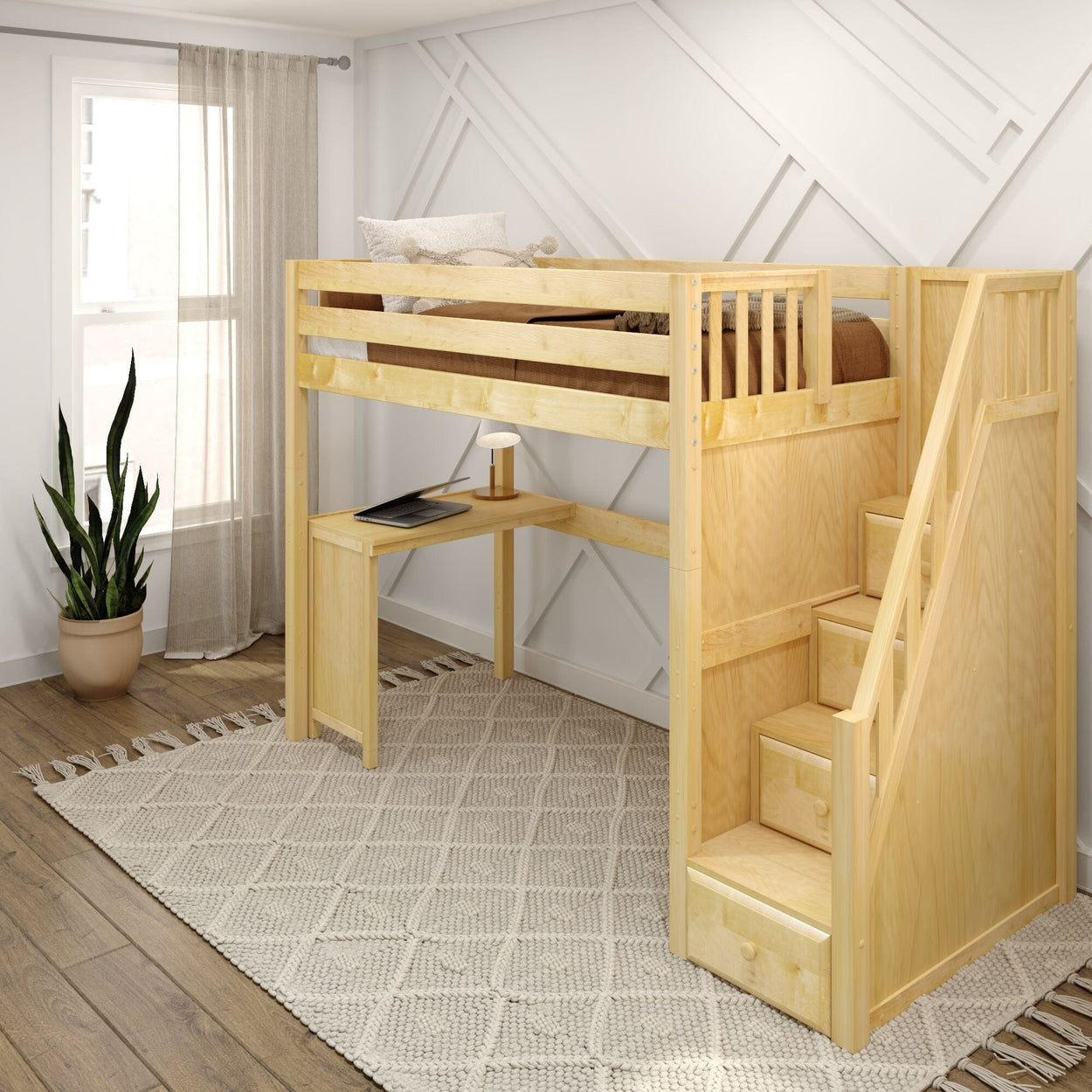 Modern wooden loft bed with integrated desk and staircase in a stylish bedroom.