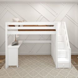 White loft bed with stairs, built-in desk, and storage drawers, ideal for maximizing small bedroom space.