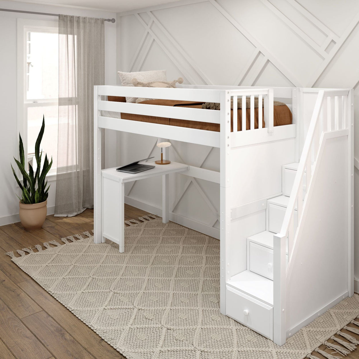 White loft bed with integrated desk and stairs in modern bedroom.