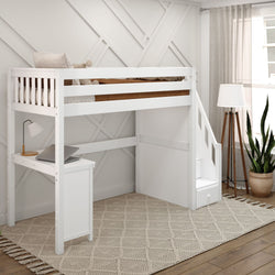 White loft bed with built-in desk and stairs in modern bedroom decor.