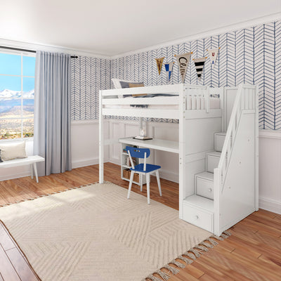 Modern kids' room with a white loft bed and desk, featuring a mountain view through large window.