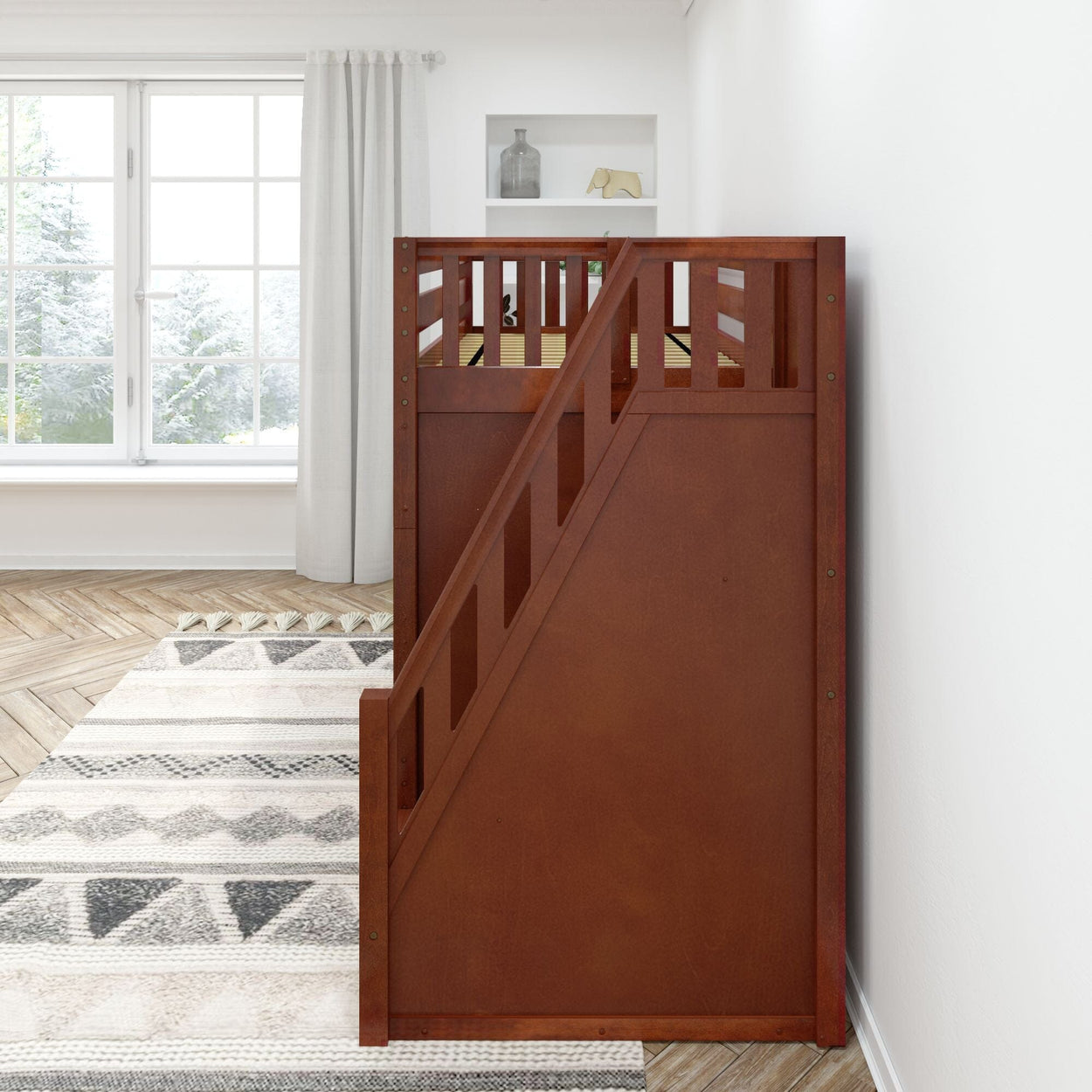 Wooden loft bed with stairs in a bright and modern bedroom.