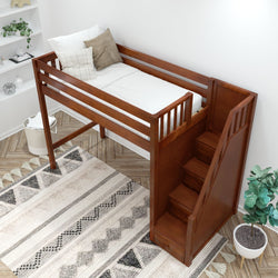 Wooden loft bed with built-in stairs, white bedding, and decorative pillows in a modern bedroom setting.