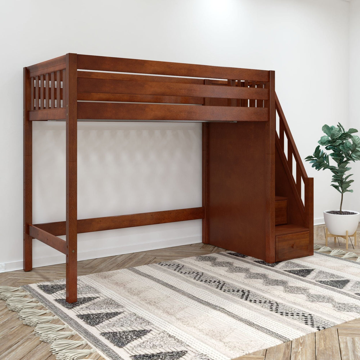 Wooden loft bed with stairs and storage in modern bedroom setting.