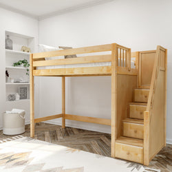 Wooden loft bed with storage stairs and white bedding in minimalist bedroom design.