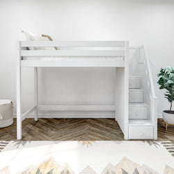 White loft bed with staircase and storage drawers in a modern, minimalist bedroom with patterned wooden flooring.