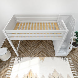 White loft bed with built-in stairs and wood flooring, perfect for modern kids' bedroom furniture.