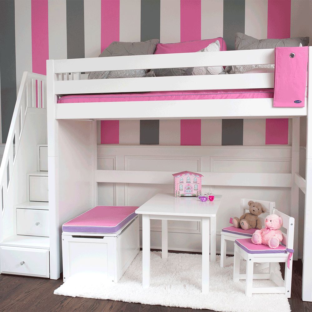 Children's loft bed with stairs and play area, featuring pink and white decor, ideal for maximizing space in a kid's bedroom.