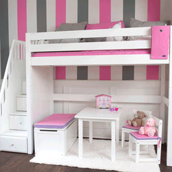 Children's loft bed with stairs and play area, featuring pink and white decor, ideal for maximizing space in a kid's bedroom.
