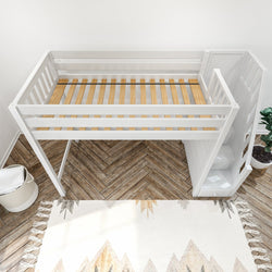 White wooden loft bed with integrated storage stairs in a modern kids' room setting.