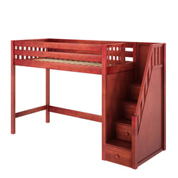 Wooden loft bed with staircase and storage drawers, ideal for kids' bedroom space-saving furniture.