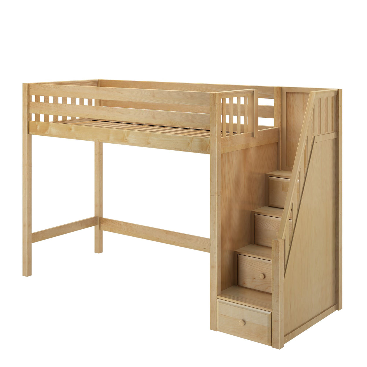 Natural wood loft bed with built-in storage stairs for small space solutions.
