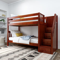 Wooden bunk bed with storage stairs in a modern bedroom.