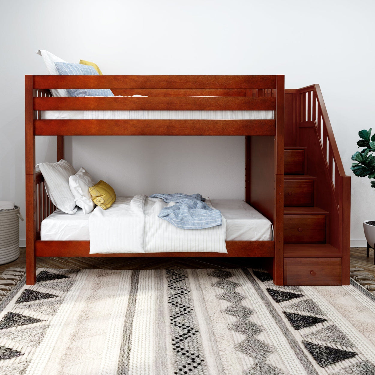 Rustic wooden bunk bed with staircase and cozy bedding in a modern bedroom setting.