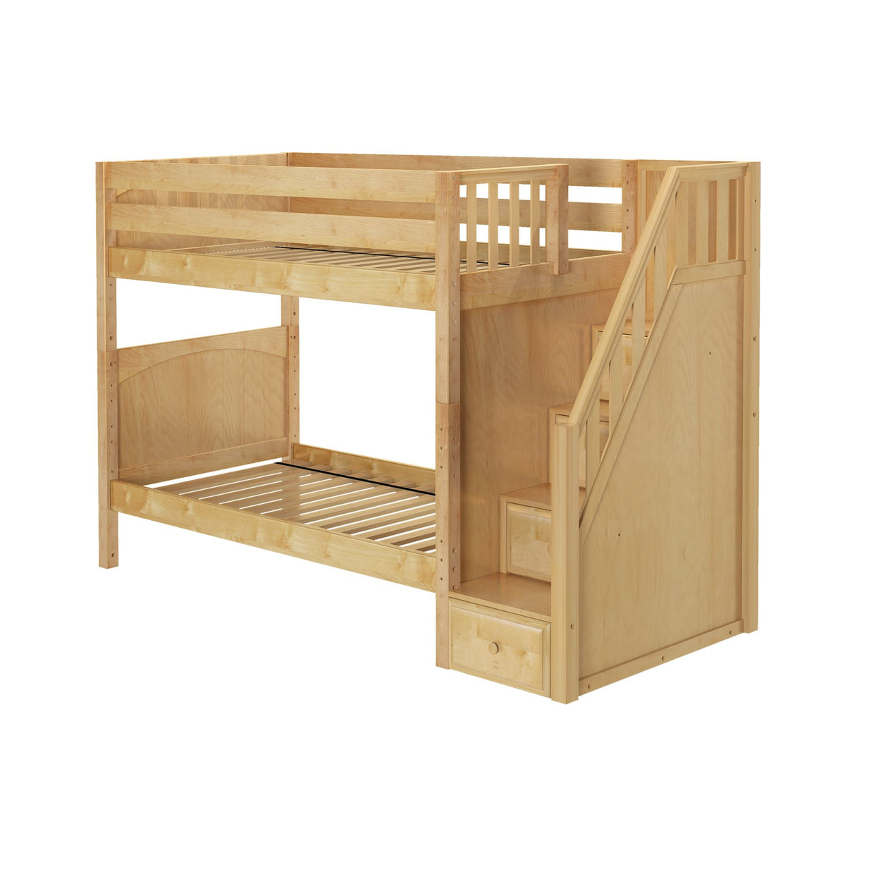 Wooden loft bed frame with built-in staircase and storage drawers for children.