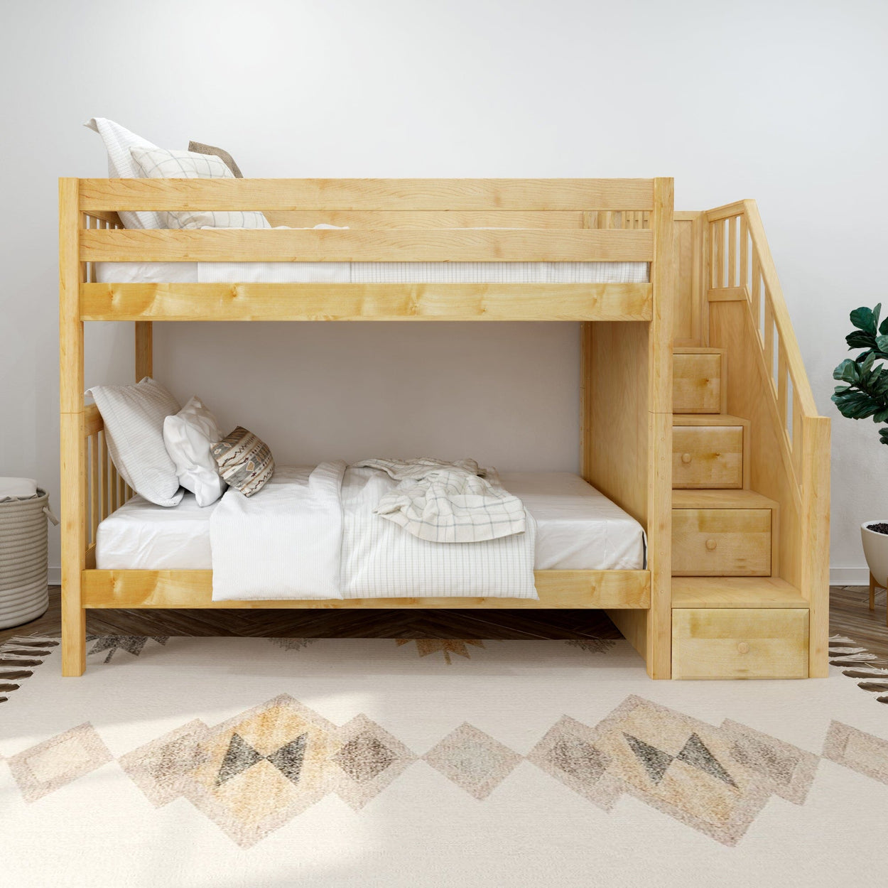 Wooden bunk bed with built-in staircase storage in a modern bedroom setting.