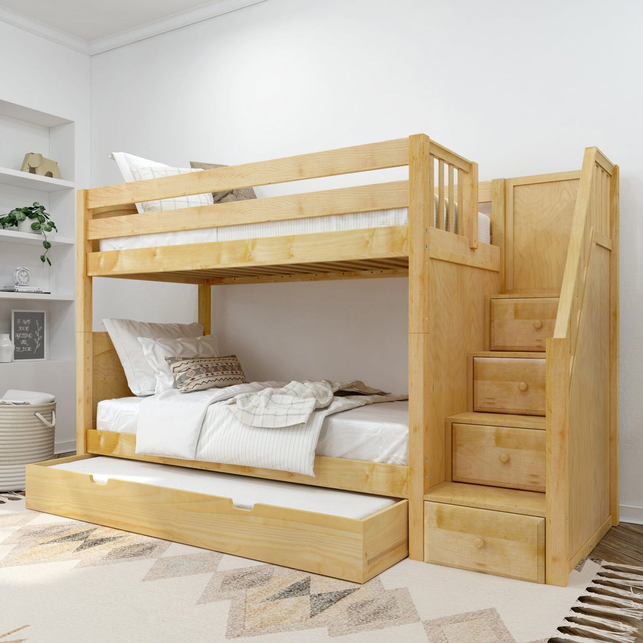 Wooden bunk bed with staircase and storage drawers in a modern bedroom setting.