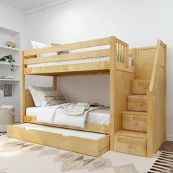 Wooden bunk bed with staircase and storage drawers in a modern bedroom setting.