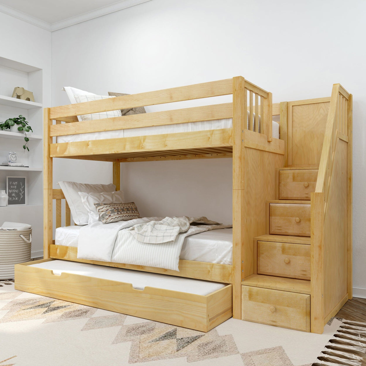 Wooden bunk bed with staircase and trundle drawer in modern bedroom setting.